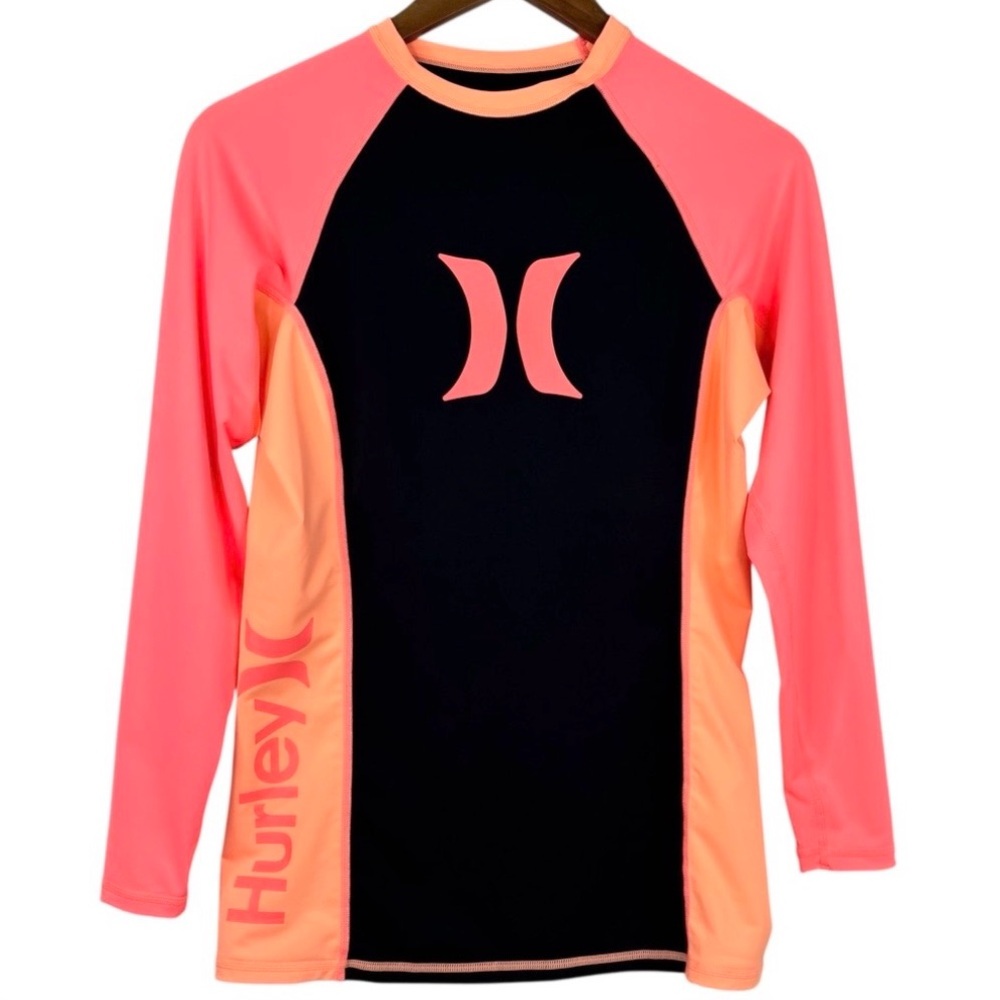 Hurley Women’s One & Only Black Orange Long Sleeve UPF 50 Rash Guard Swim Top XL